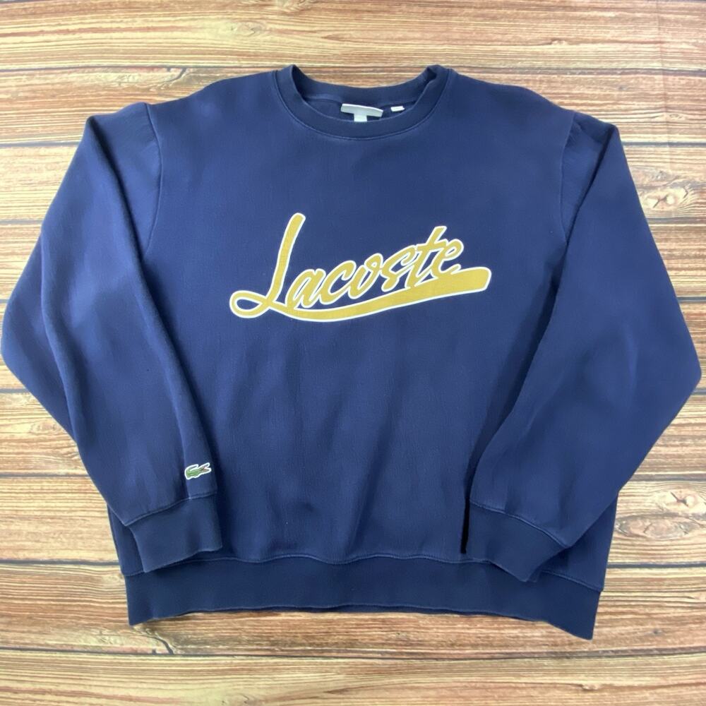 Lacoste Calligraphy Logo Graphic Crewneck Sweatshirt Men XL Navy Blue